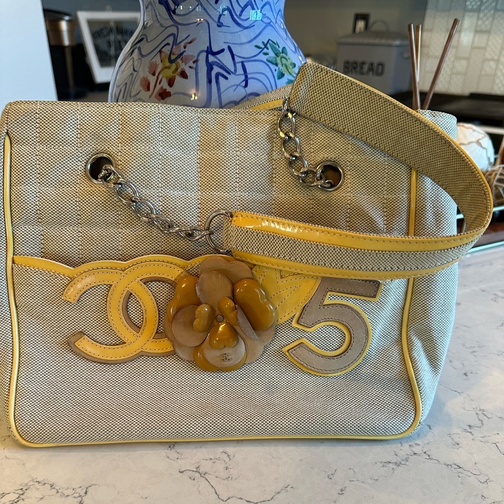 Authentic Chanel canvas camellia no 5 tote.